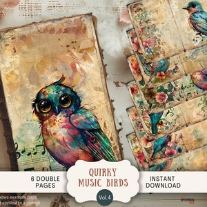 Quirky Birds Junk Journal Pages, 6 Digital Scrapbook Pages, 11 x 8.5&quot; Art Printable Journal Ephemera, Colorful Music Score Funny Birds
