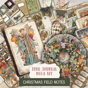Può includere: Una collezione di oggetti effimeri natalizi in stile vintage, tra cui biglietti, etichette e una grande pagina di libro con un'illustrazione di angelo. Le parole "Junk Journal Mega Kit" e "Christmas Field Notes" sono visibili.