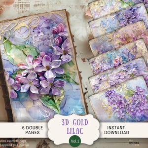Pages de journal indésirable lilas, papiers de scrapbooking numérique 11 x 8,5" Art imprimable violet 3d fleurs lilas lunatique shabby chic vieilli vintage GL3D1