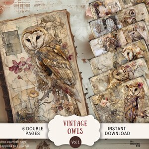 Vintage lunatique hibou Junk Journal Pages 6 papiers de scrapbooking numérique 11 x 8,5" grungy neutre beige oiseaux forêt automne automne OMS1