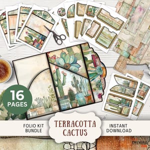 Diario basura con cactus de terracota, 16 páginas digitales combinables y bolsillos, 11 x 8,5", imprimibles, estilo bohemio, suculentas, tríptico neutro