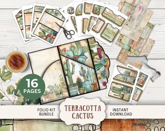 May include: A digital scrapbooking kit with 16 pages featuring a terracotta cactus theme. The kit includes various elements such as patterned papers, embellishments, and digital papers. The kit is available for instant download.  The text "Terracotta Cactus" is featured in the image.