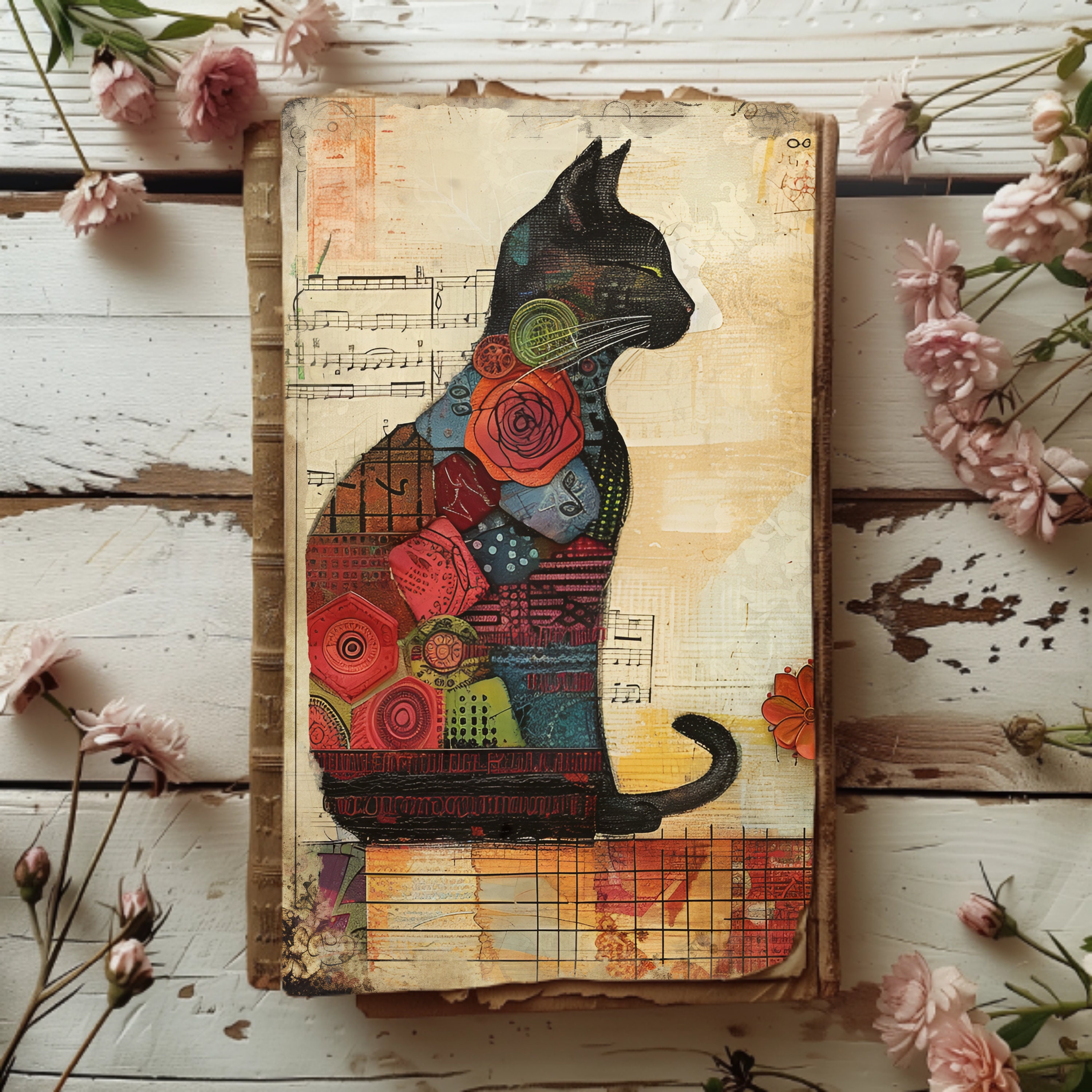 Cats in Patchwork Junk Journal Pages, 6 Digital Scrapbook