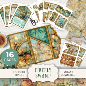Firefly Swamp Junk Journal Folio, 16 Digital Mix and Match Seiten und Taschen 11 x 8,5 "Digital Printables Dusk Glühwürmchen Teich Trifold Folio