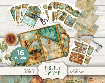 Firefly Swamp Junk Journal Folio, 16 Digital Mix and Match Pages and Pockets 11 x 8.5&quot; Digital Printables  dusk fireflies pond trifold folio