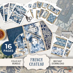 Français Chateau Junk Journal Folio, 16 pages numériques à agencer et à agencer et pochettes 11 x 8,5 po. Toile de jouy chinoiserie à trois volets imprimable bleu FRCH