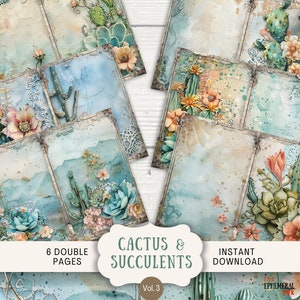 Páginas de diario basura con cactus y suculentas en técnica mixta, 6 páginas de papel para álbum de recortes digital, 11 x 8,5 pulgadas, para imprimir, efímeras, cactus caprichosos en colores pastel