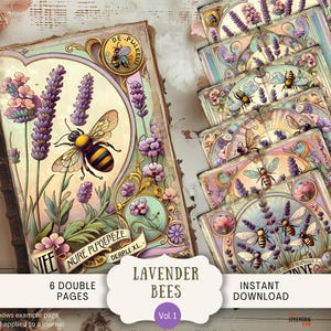 Lavender Bee Junk Journal Pages, vintage labelstijl 6 digitale plakboekpagina's, 11 x 8,5" kunst afdrukbaar papier paarse pastel honingbijen