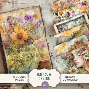 Páginas de diario basura de primavera arcoíris, 6 papeles para álbumes de recortes digitales, 11 x 8,5 pulgadas, para imprimir con arte, flores extravagantes doradas, florales, pastel, colorido, rosa, RBSP