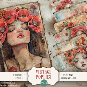 Vintage Mohn Junk Journal Seiten, 6 digitale Seiten, 11 x 8,5 "Art Printable Journal Ephemera, Aquarell Teal Mohnblumen, rote Blumen