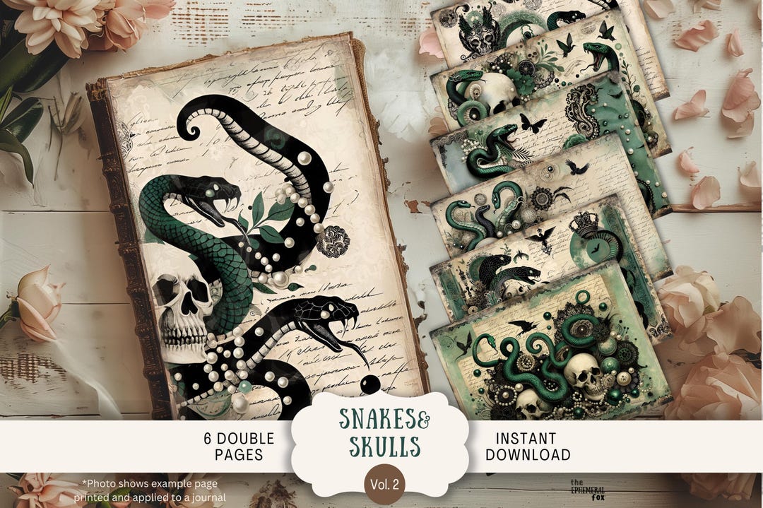 Snake Journal Halloween Snakes & Skulls Junk Journal Pages 6 Digital Scrapbook Papers ...