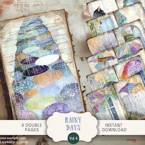 Rainy Day Junk Journal Pages 6 Digital Scrapbook Papers Printable whimsical vintage gumboots rain sky, umbrella shabby chic pastel  PARD4
