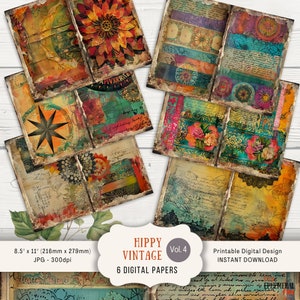 Vintage hippie Junk Journal Pages, 6 pages de scrapbooking numérique 11 x 8,5 po. Journal imprimable, création de papier éphémère, hippie rétro cool vibrant des années 60