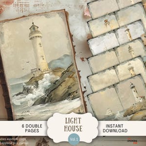 Dreamy Lighthouse Junk Journal Pages 6 pagine di album digitali 11 x 8,5" Arte stampabile Carta digitale Faro Spiaggia Nautico Oceano LIHO