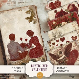 Páginas rústicas de diario basura de San Valentín en rojo, 6 papeles de álbum de recortes digitales de 11 x 8,5 pulgadas, para imprimir con motivos artísticos, románticos, campestres, amantes, flores, pareja, RRVA