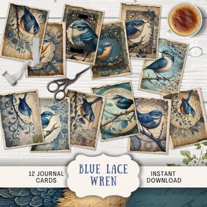 Blue Lace Wren-dagboekkaarten, 12 digitale ATC-kaarten, afdrukbare dagboek, kortstondige, Paper Craft grillig portret vintage shabby-chique vogel