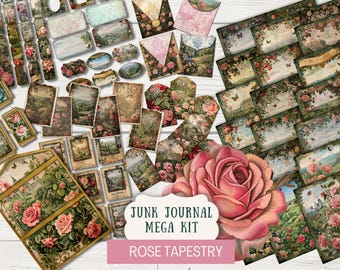 Rose Tapestry Junk Journal Kit Printable Papers Tags Tickets envelopes, vintage mini-cards labels frames & tabs trifold folio BUNDLE ROTP