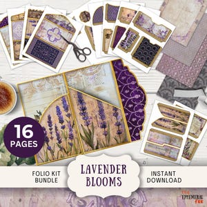 Dziennik Blooming Lavender Junk, folio, 16 cyfrowych stron do mieszania i dopasowywania oraz kieszonki, 11 x 8,5 cala, vintage, gotycki, kwiatowy, w stylu shabby, do druku, potrójny, LAVE