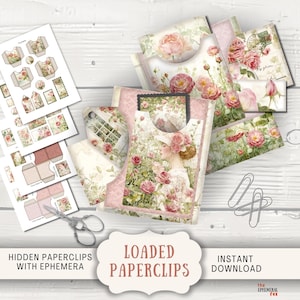 Trombones cachés Junk Journal trombones chargés imprimables, trombones altérés roses roses minables vintage, kit de taches de repli éphémères SHRS