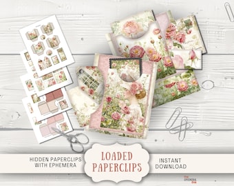 Trombones cachés Junk Journal trombones chargés imprimables, trombones altérés roses roses minables vintage, kit de taches de repli éphémères SHRS
