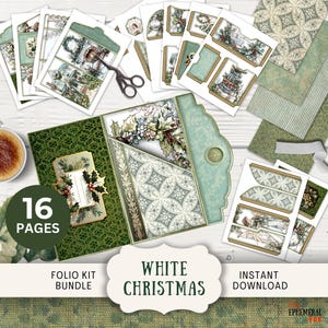 Kit de diário de Natal verde-sálvia e branco, 16 páginas digitais para misturar e combinar, bolsos 11 x 8,5" para impressão, vintage Boho triplo WICH