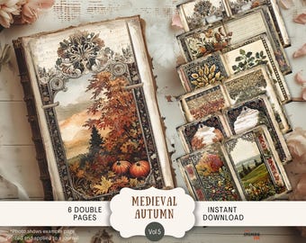 Medieval Autumn Junk Journal Pages 6 Digital Scrapbook Papers Printable rustic autumn beauty framed with vintage medieval florals GOAU5