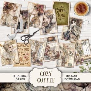 Cartões de diário Cozy Coffee Junk, 12 cartões postais digitais ATC para impressão, itens efêmeros, artesanato em papel, grãos de café com cafeína, latte expresso para autocuidado, CZCF