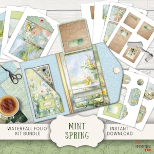 Kit folio de journal indésirable menthe cascade printanière, bases numériques assorties, pochette chargée, flip book Cascade imprimable fleurs sauvages à trois volets MISP