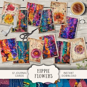Cartes de journal hippie groovy des années 70, 12 cartes de journal numérique indésirable, éphémères imprimables de journal, papier artisanal quilling, aquarelle floral lumineux