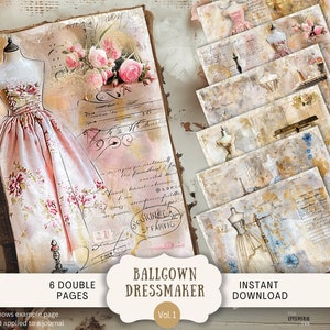 Pagine di diario di Ballgown Dressmaker Junk, 6 pagine di album di ritagli digitali 11 x 8,5" Arte stampabile Journal Ephemera, Vintage Regency Era Gown DEMA