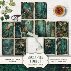 Cartes de journal forêt enchantée, 12 cartes de journal numérique indésirable, journal imprimable éphémère, création en papier forêt elfique magique, animaux de la forêt