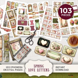 Kit de diario basura con cartas de amor de primavera: etiquetas, tickets, minisobres, minitarjetas, etiquetas, tiras de película, marcos y pestañas, día de San Valentín, LLWP
