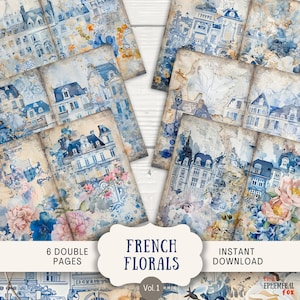 French Floral Junk Journal Pages, 6 Digital Scrapbook Pages, 11 x 8.5&quot; Printable Journal Ephemera, Art Journal, French Flower Collage Paper