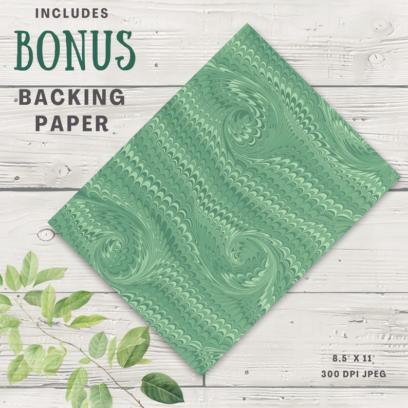 a large, green, swirling pattern on a white background, with a branch of green leaves and a text overlay that includes the words "Includes BONUS BACKING PAPER" and "8.5 X 11" along with "300 DPI JPG".