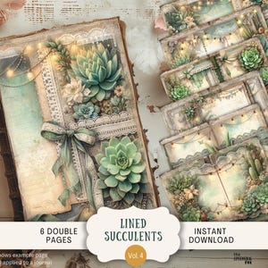 Feuilles de journal indésirables succulentes ligné 6 papiers de scrapbooking numérique 11 x 8,5" Art imprimable shabby chic ligné cactus bohème dentelle vintage plantes LISC