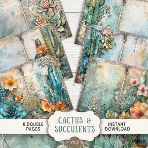 Cactus et plantes succulentes techniques mixtes Pages de journal indésirable, 6 pages de scrapbooking numérique, journal éphémère imprimable 11 x 8,5 po, jolies feuilles pastel