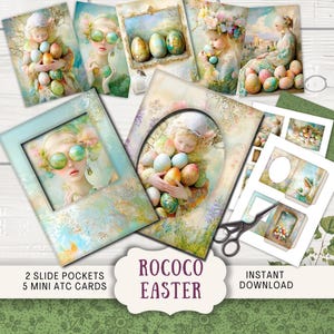 Może przedstawiać: Kolekcja cyfrowych kart artystycznych w stylu Rococo Easter. Karty przedstawiają ilustracje postaci z pisankami, kwiatowymi akcentami i miękkimi pastelowymi kolorami. Zestaw zawiera kieszenie przesuwne i mini karty ATC. Widoczny jest tekst "Rococo Easter".