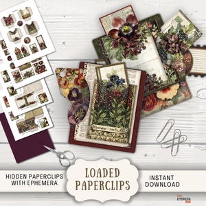 May include: A collection of ephemera paperclips with floral and botanical designs. The image includes printed paper sheets, loaded paperclips, and decorative elements like scissors and paperclips. The color palette features burgundy, cream, and green.