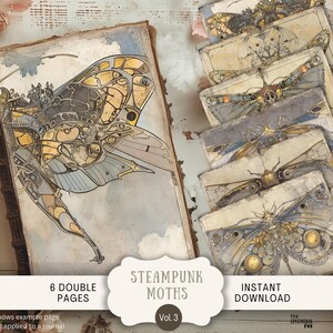 Papillons victoriens Steampunk Junk Journal Pages 6 papiers de scrapbooking numérique 11 x 8,5" Art imprimable vintage neutre insecte Luna Mystic Moth VCMT