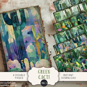 Cactus vert Junk Journal Pages, 6 pages de scrapbooking numérique 11 x 8,5 po. Journal imprimable d'art éphémères, cactus et succulent jardin du désert