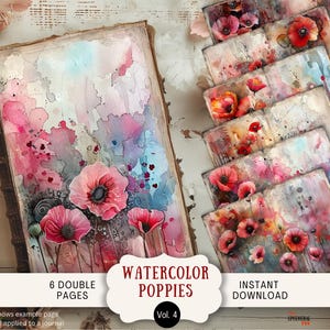Dark Red Poppies Junk Journal Pages, 6 páginas de scrapbook digital, papel para impressão de arte de 11 x 8,5 pol., florais vermelhos e pretos, papoula da Califórnia