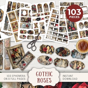 Könnte beinhalten: Ein Set mit 103 digitalen druckbaren Ephemera im gotischen Rosenstil auf 8 vollen Seiten. Die Ephemera umfasst verschiedene Formen und Größen von Etiketten, Rahmen und anderen dekorativen Elementen. Die Ephemera ist im Vintage-Stil mit einer dunklen Farbpalette gehalten und zeigt Rosen, gotische Bögen und andere gotische Elemente.