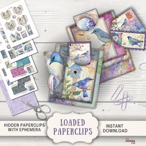 May include: A collection of paperclips and ephemera with a bird theme. The image features printed paper sheets with bird illustrations, paperclips, and scissors. The text "LOADED PAPERCLIPS" is visible.
