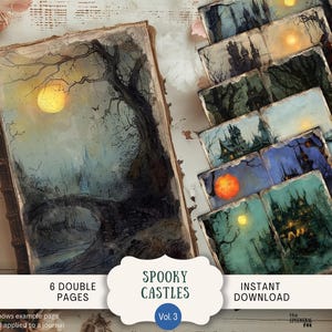 May include: An artistic journal with a spooky castle theme. The cover features a moonlit tree scene. Several double-page spreads with castle illustrations are displayed. The text reads "Spooky Castles Vol. 3" and "Instant Download".