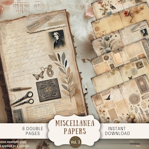 Recibos de libro mayor antiguos, documentos antiguos, páginas de diario basura, 6 papeles de álbum de recortes digitales, 11 x 8,5 pulgadas, collage bohemio shabby neutral para imprimir NTBG