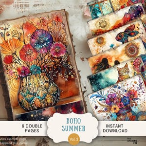 Boho Sommer Junk Journal Seiten 6 Digitales Scrapbook Papier 11 x 8.5" Printable Shabby Chic Hippie Wunderliche Blumen Helle Fantasie BHSP3