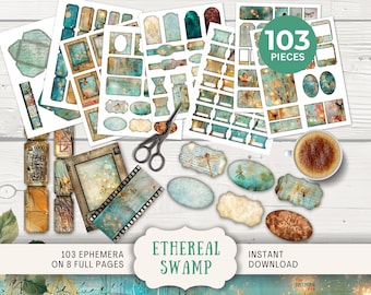 Ethereal Magical Swamp Junk Journal Ephemera Kit- Tags Tickets Mini-envelopes, mini-cards labels film strips frames & tabs fireflies ETSW