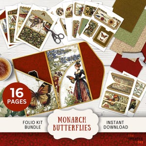Kit folio de journal indésirable papillon monarque 16 pages numériques à mélanger et assortir et pochettes imprimables papillons minables vintage à trois volets neutres INMO