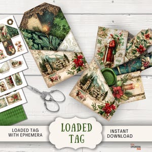 Puede incluir: Una colección de efímeras navideñas de estilo vintage, que incluye etiquetas, sobres y elementos decorativos. Los diseños presentan imágenes festivas como Papá Noel, flores de Nochebuena y escenas invernales. También se ven unas tijeras y las palabras "Loaded Tag".