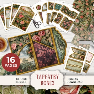 Tapisserie vintage Roses Junk Journal Folio, 16 pages numériques Mix & Match et pochettes 11 x 8,5 po. Imprimables, vue château, 3 volets ROTP